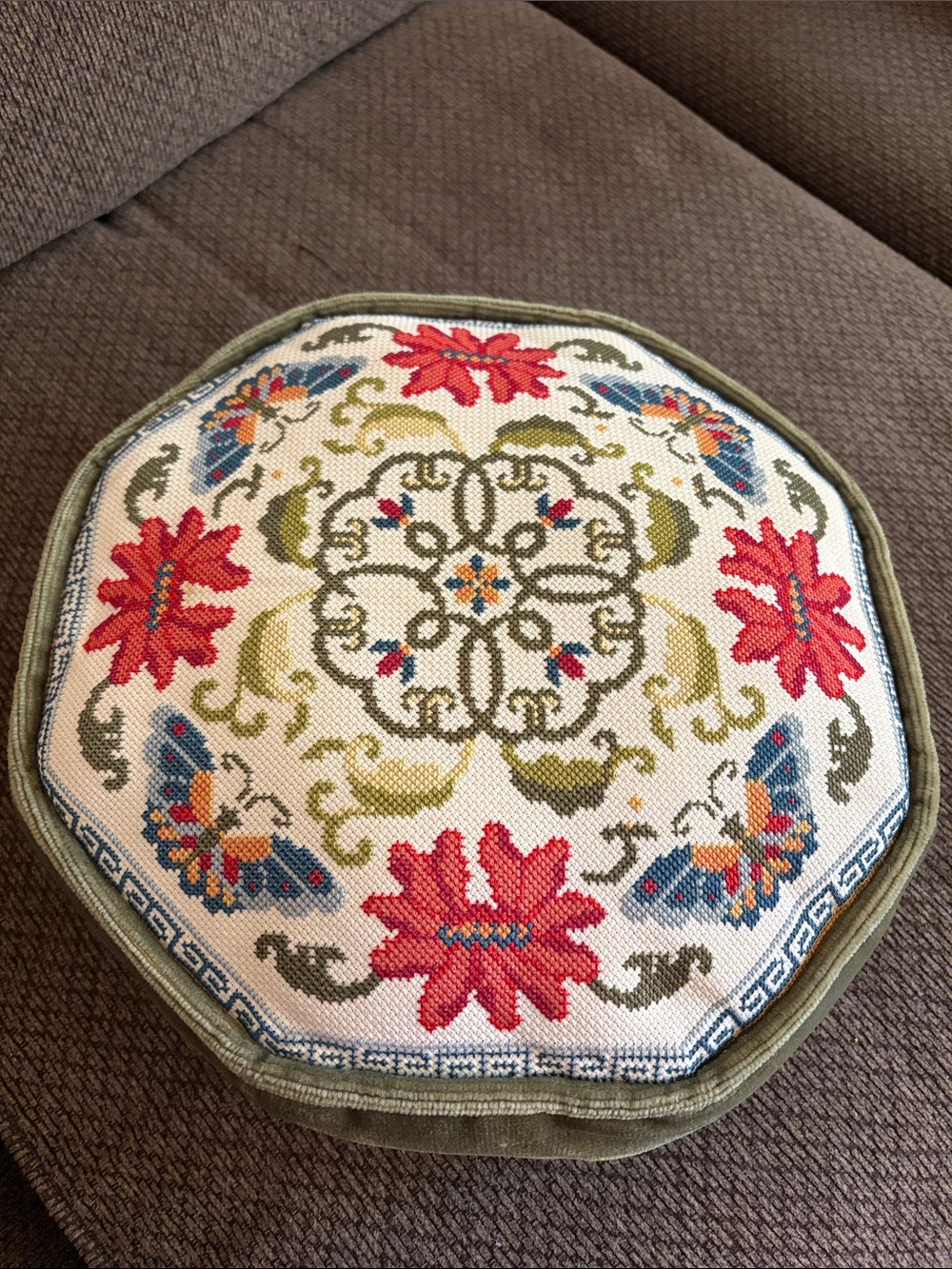 Vintage Hand-Embroidered Octagonal Floral Accent Pillow - Olive & Red